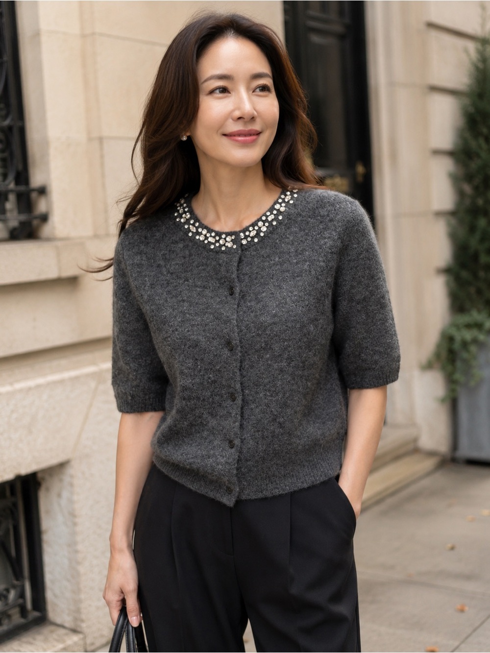 H&M Charcoal Gray Embellished Round-Neck Short-Sleeve Cardigan - Size S